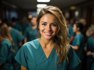 Obraz premium A radiant young woman in teal medical scrubs stands in a corridor, surrounded by colleagues. Her smile is infectious and her blonde hair flows gracefully, student nurses, doctors, medical professional