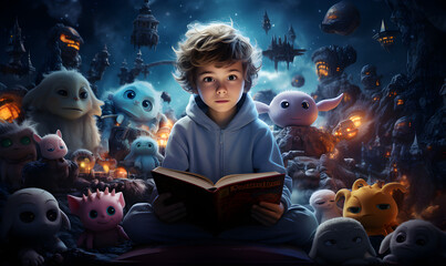 un petit garçon lit un livre dans sont lit et s'imagine vivre des aventures - obrazy, fototapety, plakaty