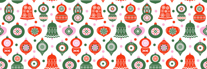 Christmas vector seamless pattern, red, green and pink retro ornaments - balls, baubles and bells for holiday backgrounds and invitations