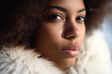 Pretty young afro-american woman wearing fur coat closeup. Generative AI