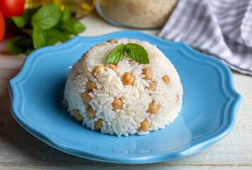 Turkish Rice with chickpea served, Turkish name; Nohutlu pilav or pilaf