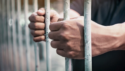 Powerful Image: Prisoner's Hands Gripping Cell Bars in a Scene of Profound Remorse and Yearning for Freedom