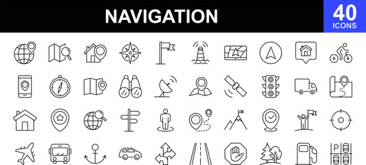 Navigation web icons set. Locations - simple thin line icons collection. Containing route map, navigation, map with a pin, location, direction, maps, traffic and more. Simple web icons set