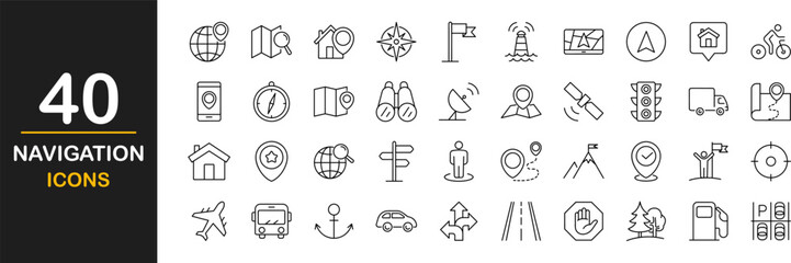 Navigation web icons set. Locations - simple thin line icons collection. Containing route map, navigation, map with a pin, location, direction, maps, traffic and more. Simple web icons set