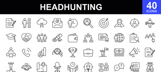 Headhunting web icons set. Head hunting - simple thin line icons collection. Containing job interview, hiring process, candidat, team, Career Path, Resume and more. Simple web icons set