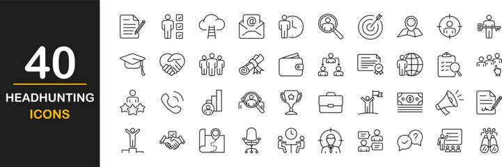 Headhunting web icons set. Head hunting - simple thin line icons collection. Containing job interview, hiring process, candidat, team, Career Path, Resume and more. Simple web icons set