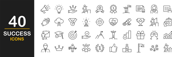 Success web icons set. Business success - simple thin line icons collection. Containing leadership, goals, ambition, achievement, challenge, reward, winner, star, cup, and more. Simple web icons set