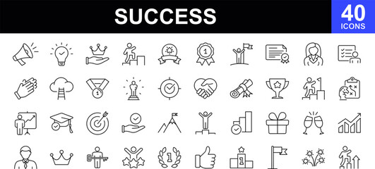 Fototapeta na wymiar Success web icons set. Business success - simple thin line icons collection. Containing leadership, goals, ambition, achievement, challenge, reward, winner, star, cup, and more. Simple web icons set