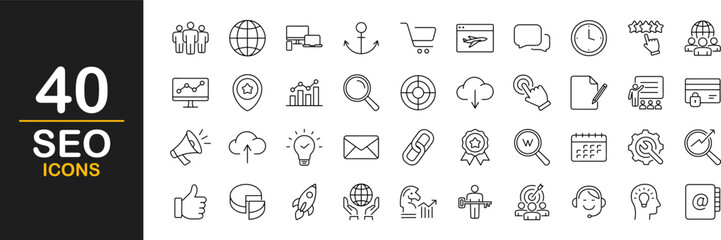 SEO web icons set. Search Engine Optimization - simple thin line icons collection. Containing target, website stats, watch list, marketing and more. Simple web icons set
