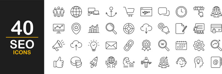 SEO web icons set. Search Engine Optimization - simple thin line icons collection. Containing target, website stats, watch list, marketing and more. Simple web icons set