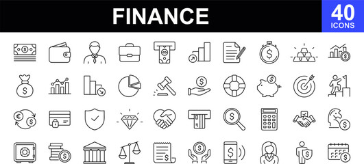 Finance web icons set. Money - simple thin line icons collection. Containing wallet, ATM, bundle of money, hand with a coin, portfolio analysis, financial report and more. Simple web icons set