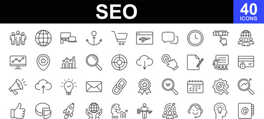 SEO web icons set. Search Engine Optimization - simple thin line icons collection. Containing target, website stats, watch list, marketing and more. Simple web icons set