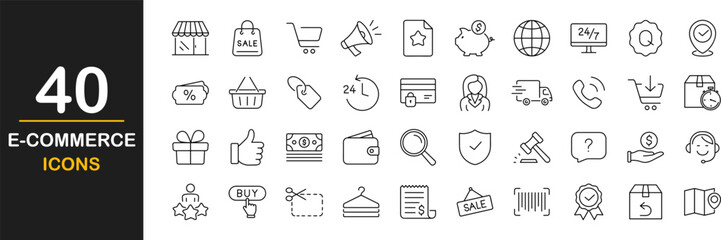 E -Commerce web icons set. E - Commerce - simple thin line icons collection. Containing shopping cart, support, credit card, discount, search, market, shop, delivery and more. Simple web icons set