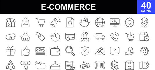 E -Commerce web icons set. E - Commerce - simple thin line icons collection. Containing shopping cart, support, credit card, discount, search, market, shop, delivery and more. Simple web icons set