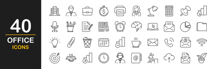 Office web icons set. Work place - simple thin line icons collection. Containing office building, workplace, business communication, business, company, work, and more. Simple web icons set