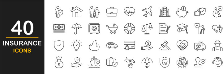 Insurance web icons set. Insurance - simple thin line icons collection. Containing car protection, health Insurance, contract, travel insurance, risk, help service and more. Simple web icons set