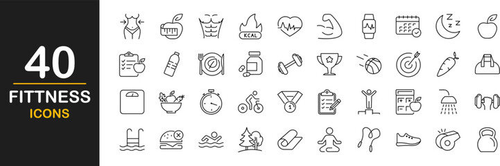 Fitness web icons set. Sport and fitness - simple thin line icons collection. Containing gym, healthy lifestyle, exercise, diet, weight training, body care, workout and more. Simple web icons set