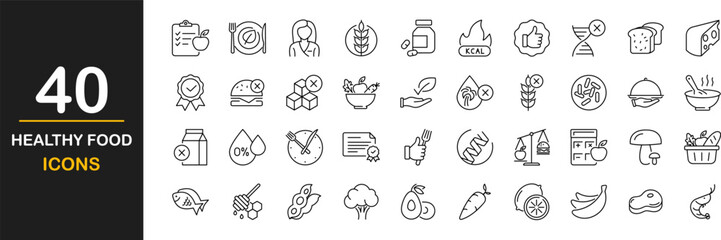 Healthy Food web icons set. Organic Food - simple thin line icons collection. Gluten lactose, and sugar free, not GMO, palm oil, diet and more. Simple web icons set