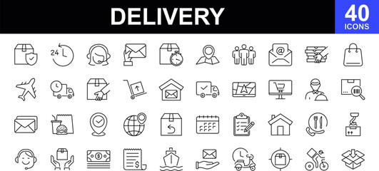 Delivery service web icons set. Delivery and Logistics - simple thin line icons collection. Containing is shipping, order tracking, warehouse, truck, courier, cargo and more. Simple web icons set