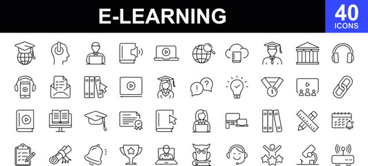 E-learning web icons set. Online education - simple thin line icons collection. Containing video tuition, digital education, learning, online course, website, webinar and more. Simple web icons set