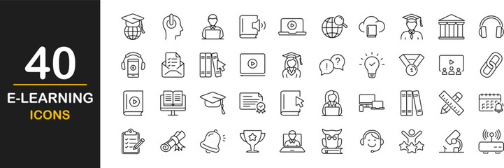 E-learning web icons set. Online education - simple thin line icons collection. Containing video tuition, digital education, learning, online course, website, webinar and more. Simple web icons set