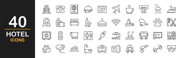 Hotel web icons set. Hotel and vacation - simple thin line icons collection. Containing hotel services, relax, travel, service, room, booking, facilities and more. Simple web icons set - obrazy, fototapety, plakaty
