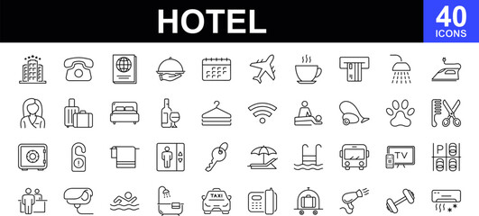 Hotel web icons set. Hotel and vacation - simple thin line icons collection. Containing hotel services, relax, travel, service, room, booking, facilities and more. Simple web icons set