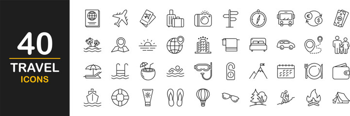 Travel web icons set. Traveling and tourism - simple thin line icons collection. Containing summer vacations, holiday, tour, hotel, airport, trip and more. Simple web icons set