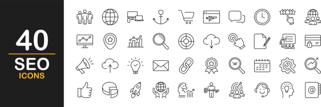 SEO web icons set. Search Engine Optimization - simple thin line icons collection. Containing target, website stats, watch list, marketing and more. Simple web icons set