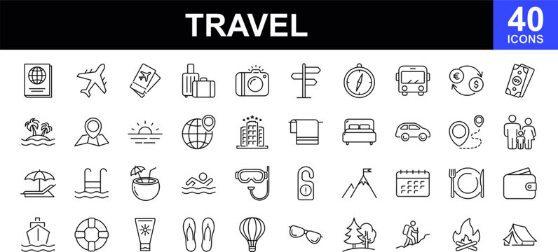 Travel web icons set. Traveling and tourism - simple thin line icons collection. Containing summer vacations, holiday, tour, hotel, airport, trip and more. Simple web icons set
