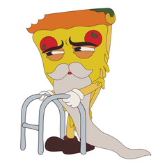 Old pizza slice with walking frame on white background