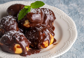 Delicious profiteroles with chocolate and white plate. Selective focus image on light background.