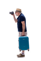 Old man in travelling concept isolated on white