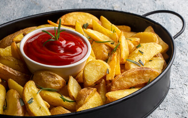 Roasted potato wedges with herbs and sea salt on plate, top view (Turkish name; elma dilim patates)