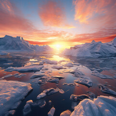 Fondo natural de puesta de sol vista desde paisaje artico con hielo y agua