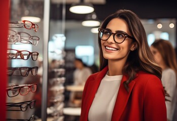 Joyful Young Woman Selecting Eyeglasses at Optician Store. Generative ai