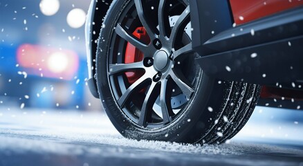 Sport Car Wheel Detail on Icy Winter Road. Generative ai
