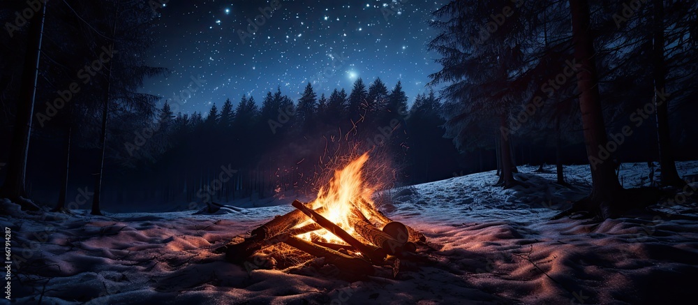 Sticker winter forest campfire at night with fire sparks