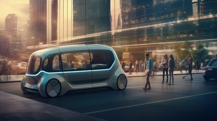 a Futuristic driverless minibus moving in a modern city with glass skyscrapers. Beautiful woman and senior man talking in driverless autonomous vehicle.