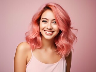 Radiant Young Woman with Vibrant Hair on Light Studio Backdrop. Generative ai