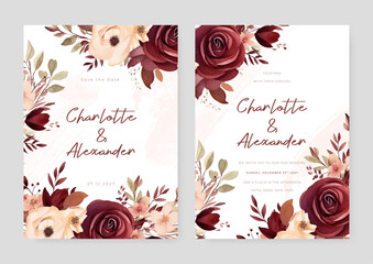 Red and beige rose and poppy floral wedding invitation card template set with flowers frame decoration