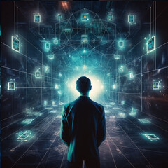 cyber specialist presenting system interfaces, blockchain, applications, ai. 