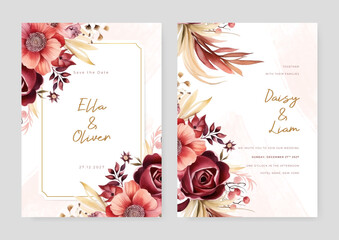 Red rose and poppy wedding invitation card template with flower and floral watercolor texture vector
