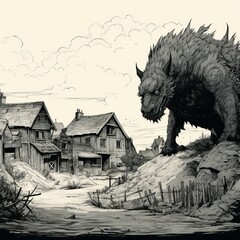 a black and white drawing of monster on hill