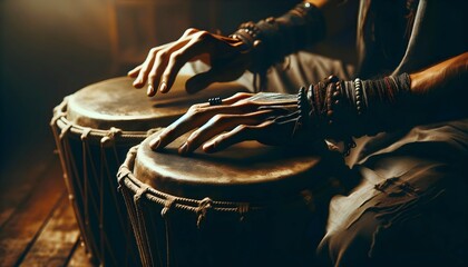 Closeup of traditional person playing on tribal drums, bongos, culture and religion concept, ritual...