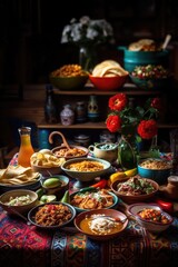 Mexican food table scene. Above view with Tacos, burrito plate, nachos, enchiladas, tortilla soup and salad. Copy space.