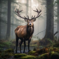 a large deer with large antlers standing in forest
