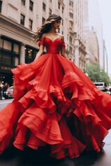Fototapeta na wymiar Glamour photoshoot of a model with red elegant dress