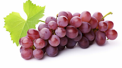 Fototapeta premium Ripe red wet grape with drops. Pink bunch with leaves isolated on white. generative ai