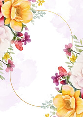 Yellow and red vector frame with foliage pattern background with flora and flower